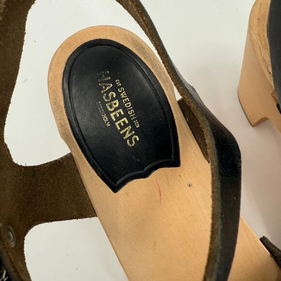 Swedish Hasbeens Size 39 (US 9) Fringe Black Leather Clog Sandal Heels Wood Shoe - Picture 5 of 16